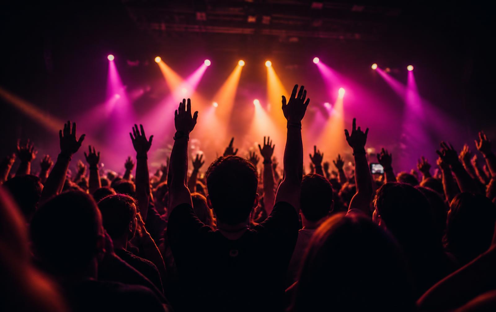 Público com as mãos levantadas em um show de música ao vivo