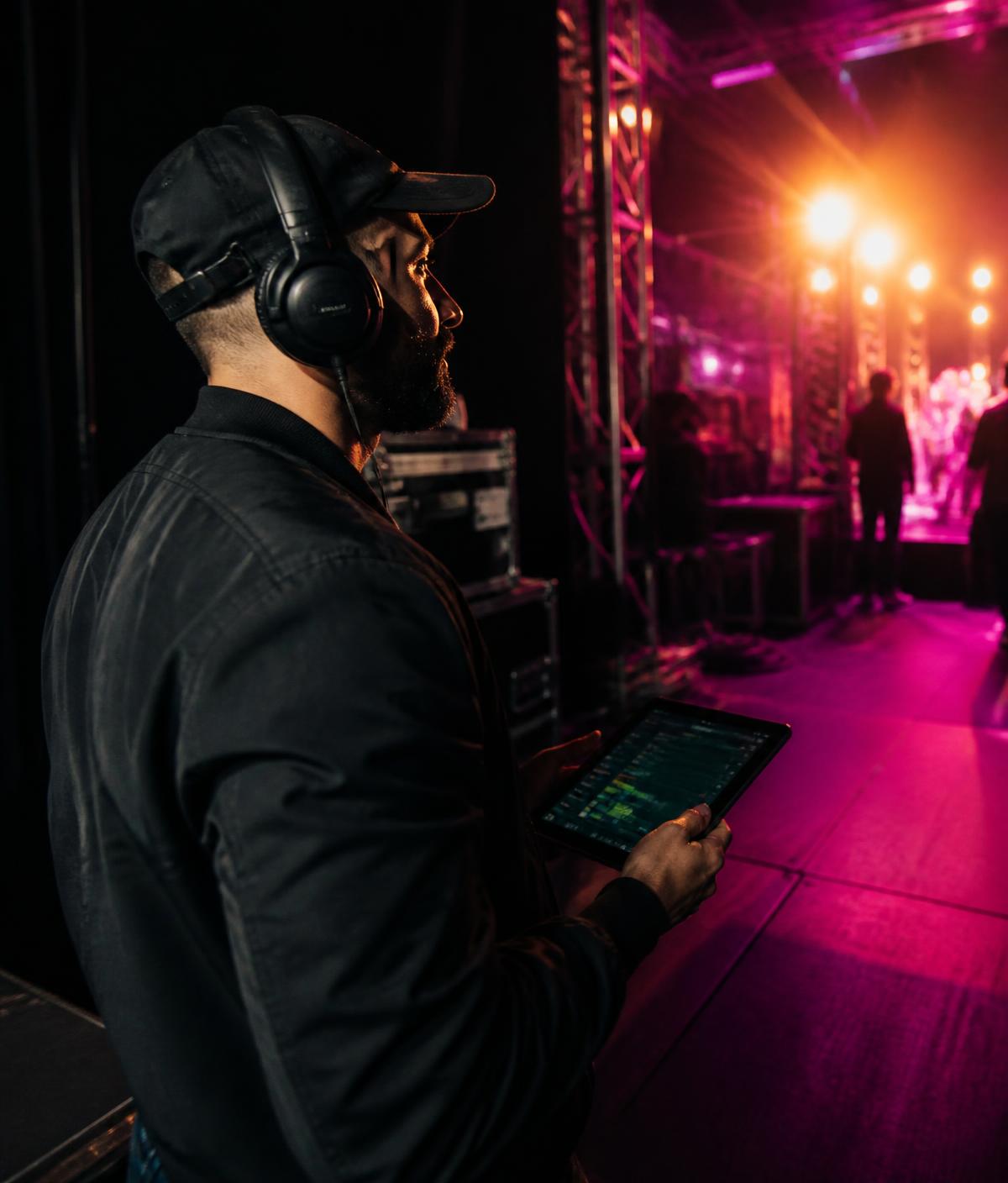 Produtor com headphones acompanhando a montagem de um show
