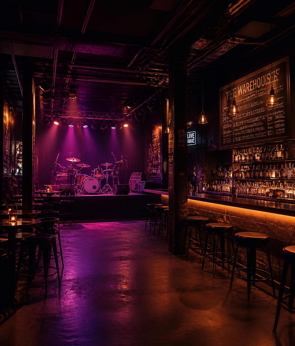 Interior de uma casa de show com palco iluminado e bar
